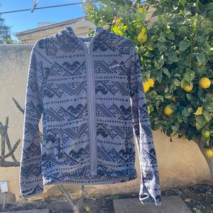 Billabong black and grey printed fleece zip up with hood, size M